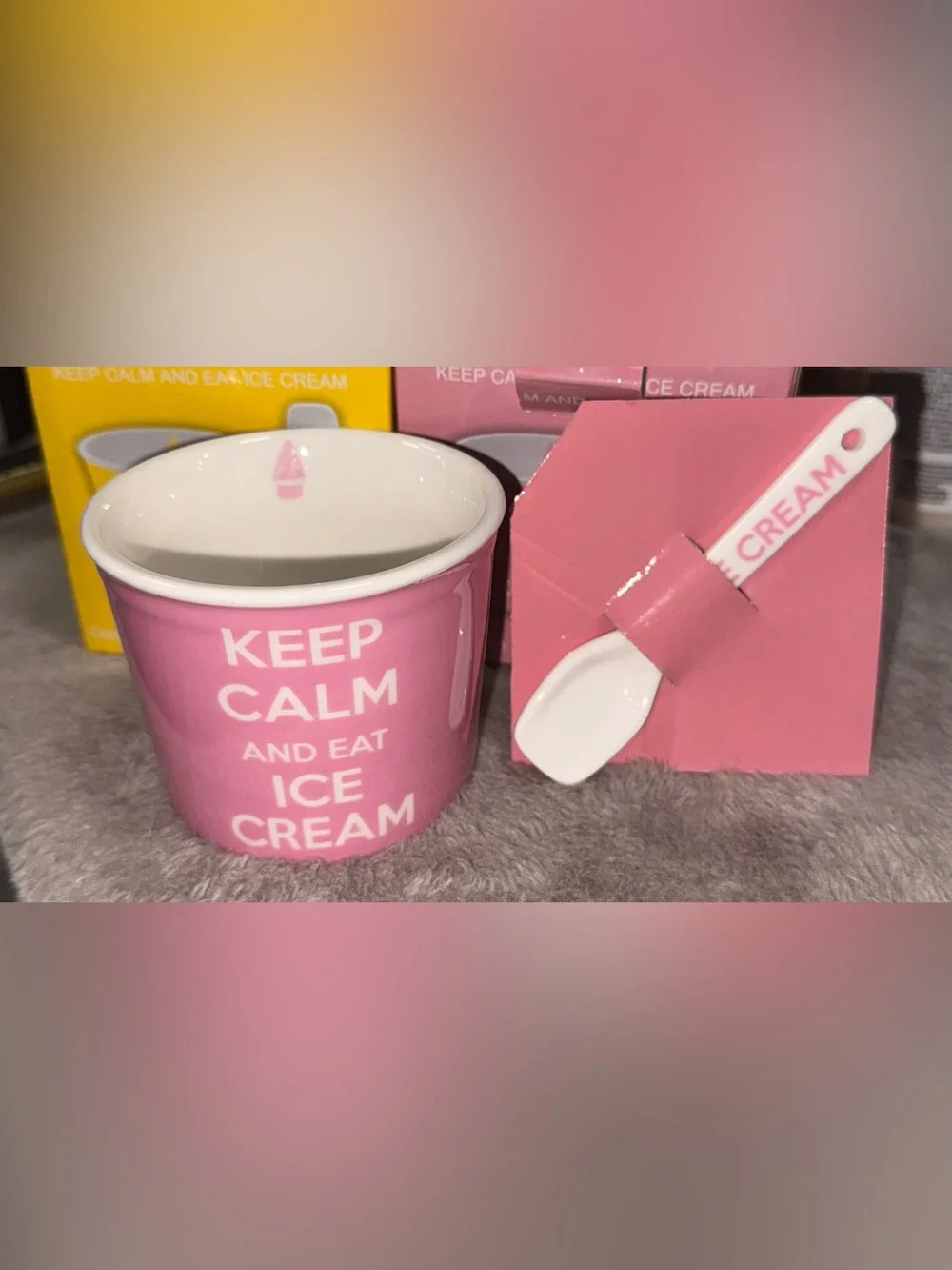 KEEP CALM and Eat Ice Cream Porcelain Cups & Spoons - Pink & Yellow